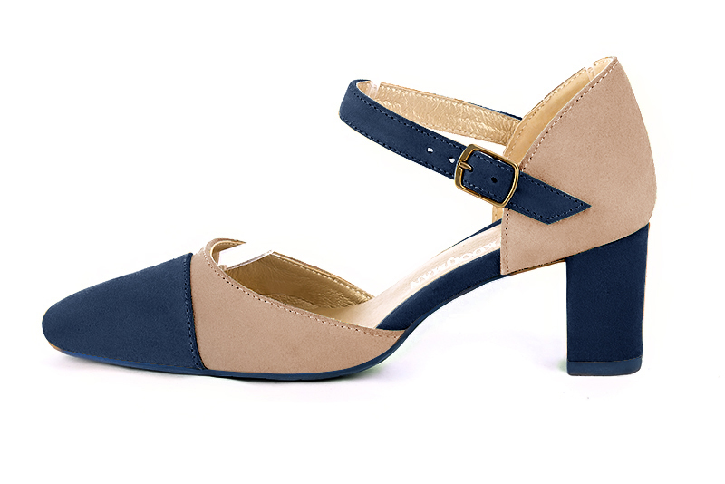 French elegance and refinement for these navy blue and camel beige dress open side shoes, with an instep strap, 
                available in many subtle leather and colour combinations. Its high vamp and fitted strap will give you good support.
To personalize or not, according to your inspiration and your needs.  
                Matching clutches for parties, ceremonies and weddings.   
                You can customize these shoes to perfectly match your tastes or needs, and have a unique model.  
                Choice of leathers, colours, knots and heels. 
                Wide range of materials and shades carefully chosen.  
                Rich collection of flat, low, mid and high heels.  
                Small and large shoe sizes - Florence KOOIJMAN